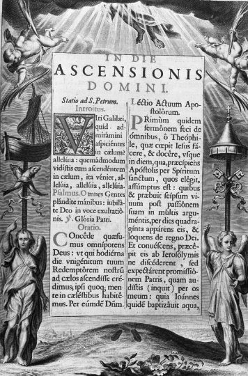 Incipit Ascensione di Cristo, con figure (stampa) di Galle Cornelis II (attribuito) (sec. XVII)