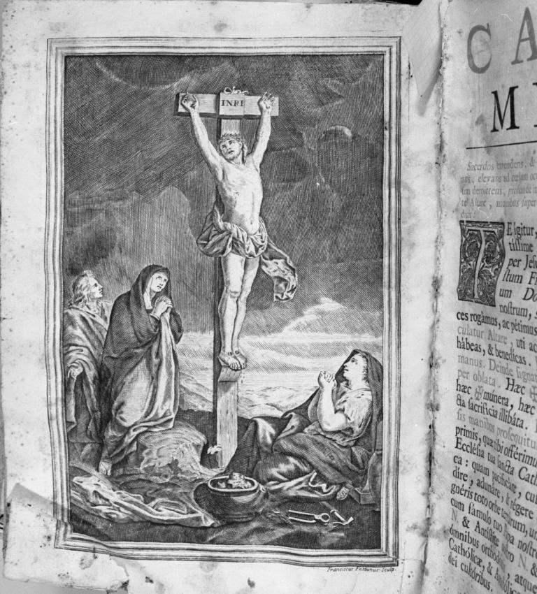 Cristo crocifisso con la Madonna e San Giovanni Evangelista (stampa) di Faldoni Francesco (attribuito) (sec. XVIII)