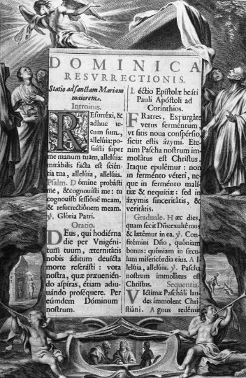 Incipit Domenica della Resurrezione, con scene (stampa) di Galle Cornelis II (attribuito) (sec. XVII)
