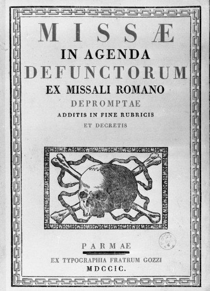 Frontespizio messa dei defunti, teschio (stampa) - bottega parmense (sec. XVIII)