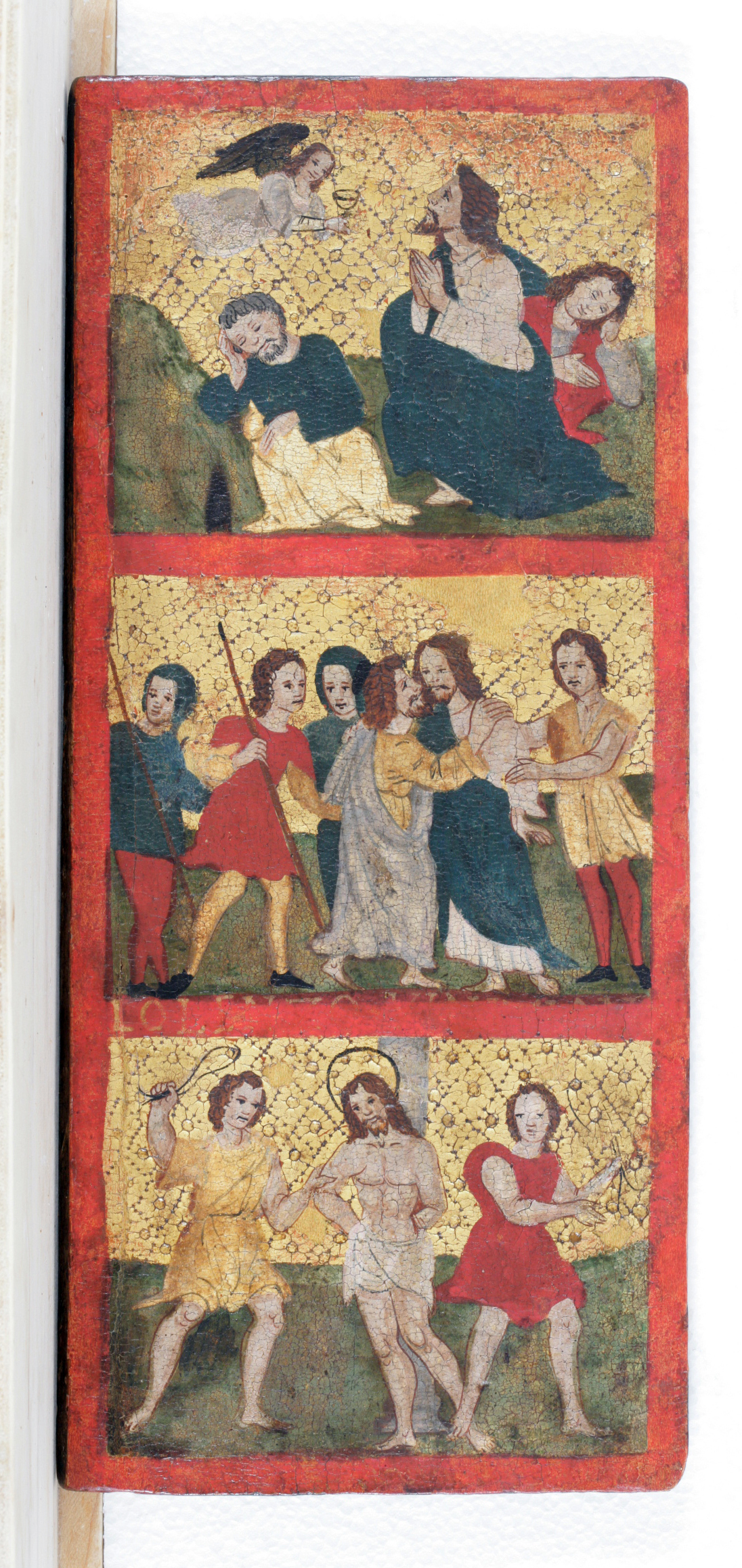preghiera di Cristo nell'orto dei Getsemani, bacio di Giuda e cattura di Cristo, flagellazione di Cristo (dipinto, opera isolata) - scuola napoletana (sec. XVI)