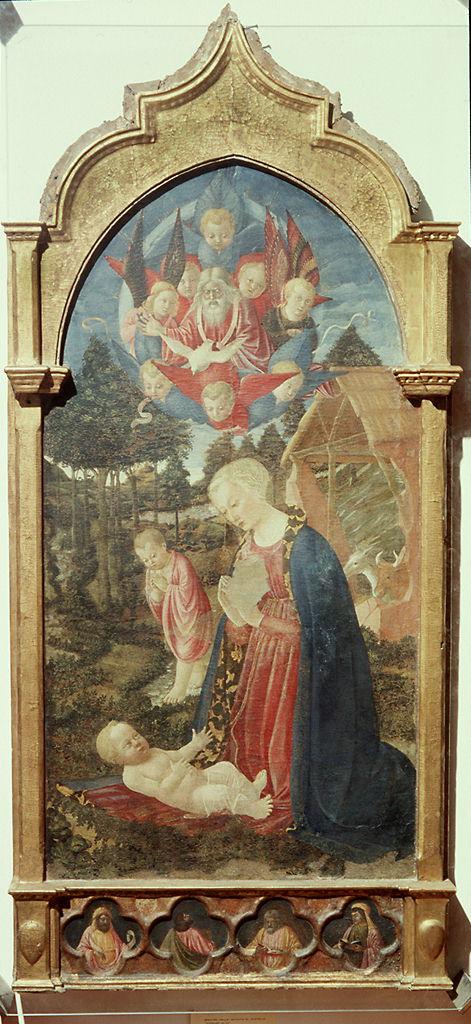 adorazione del Bambino con Dio Padre, Isaia, evangelisti (dipinto) di Maestro della Natività di Castello (sec. XV)