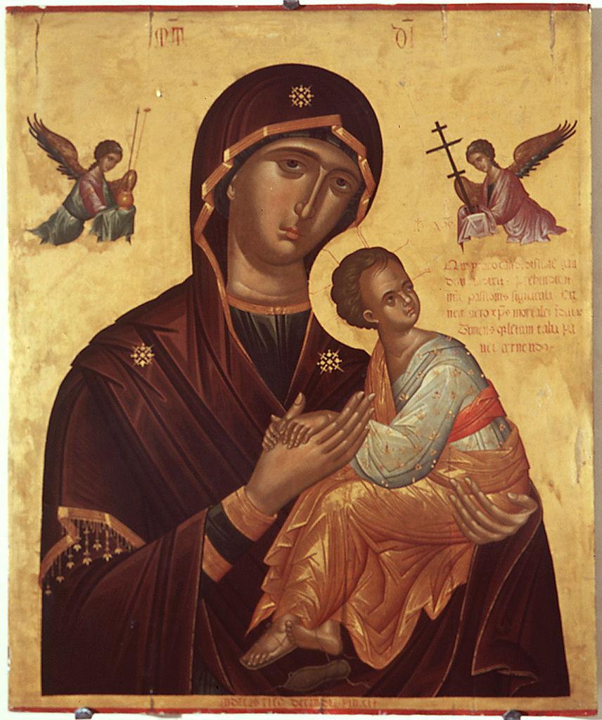Madonna con Bambino e angeli con strumenti della Passione (dipinto) di Andrea Rico da Candia (sec. XV)