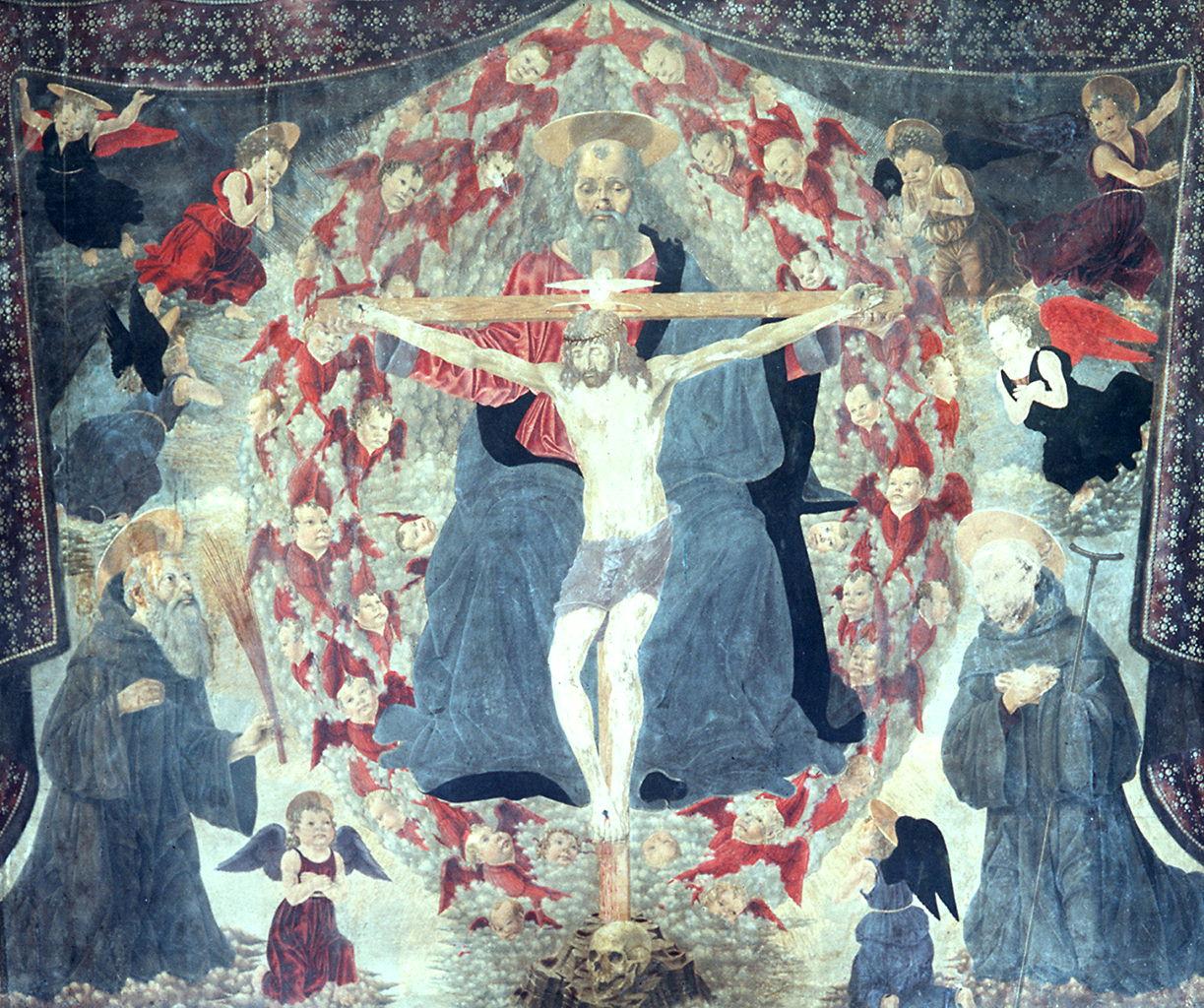 Trinità con San Benedetto e San Giovanni Gualberto (dipinto) di Baldovinetti Alessio (sec. XV)