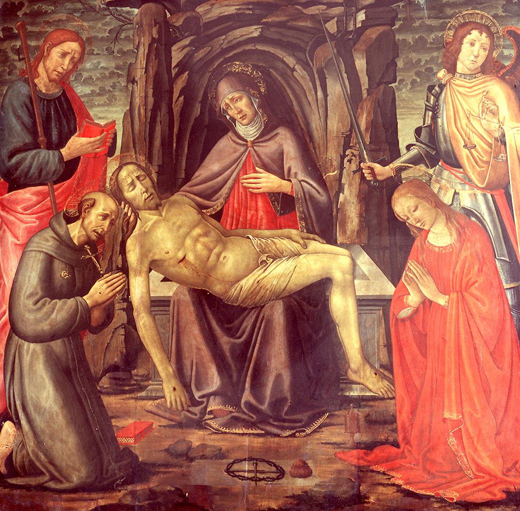 compianto sul Cristo morto e santi (dipinto) di Jacopo del Sellaio (sec. XV)