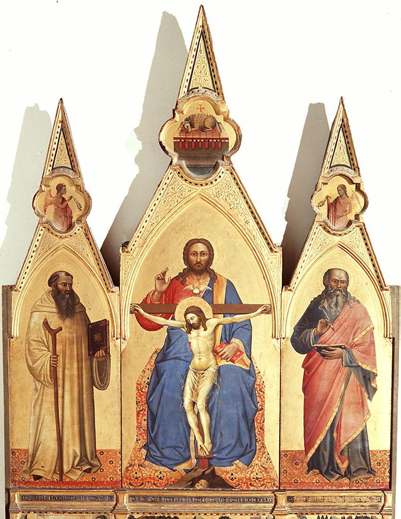 Trinità, San Romualdo, San Giovanni evangelista, Agnello mistico, angeli (trittico) di Nardo di Cione (sec. XIV)