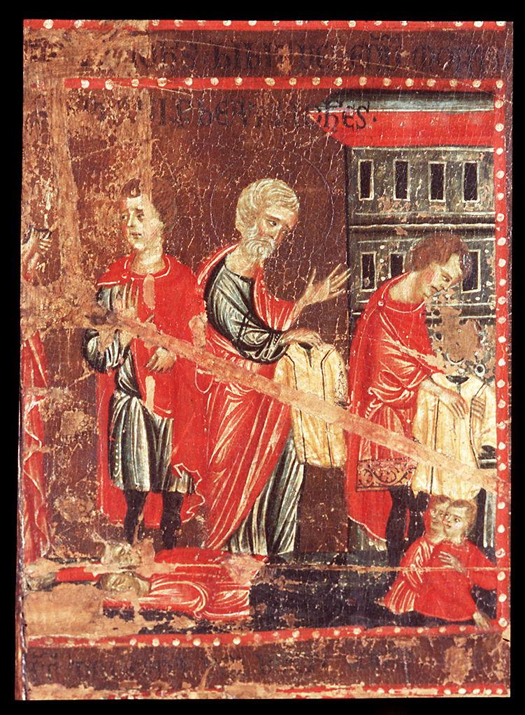 San Giovanni Evangelista resuscita due uomini avvelenati per mezzo di Aristodemo (dipinto) di Maestro della Maddalena (sec. XIII)