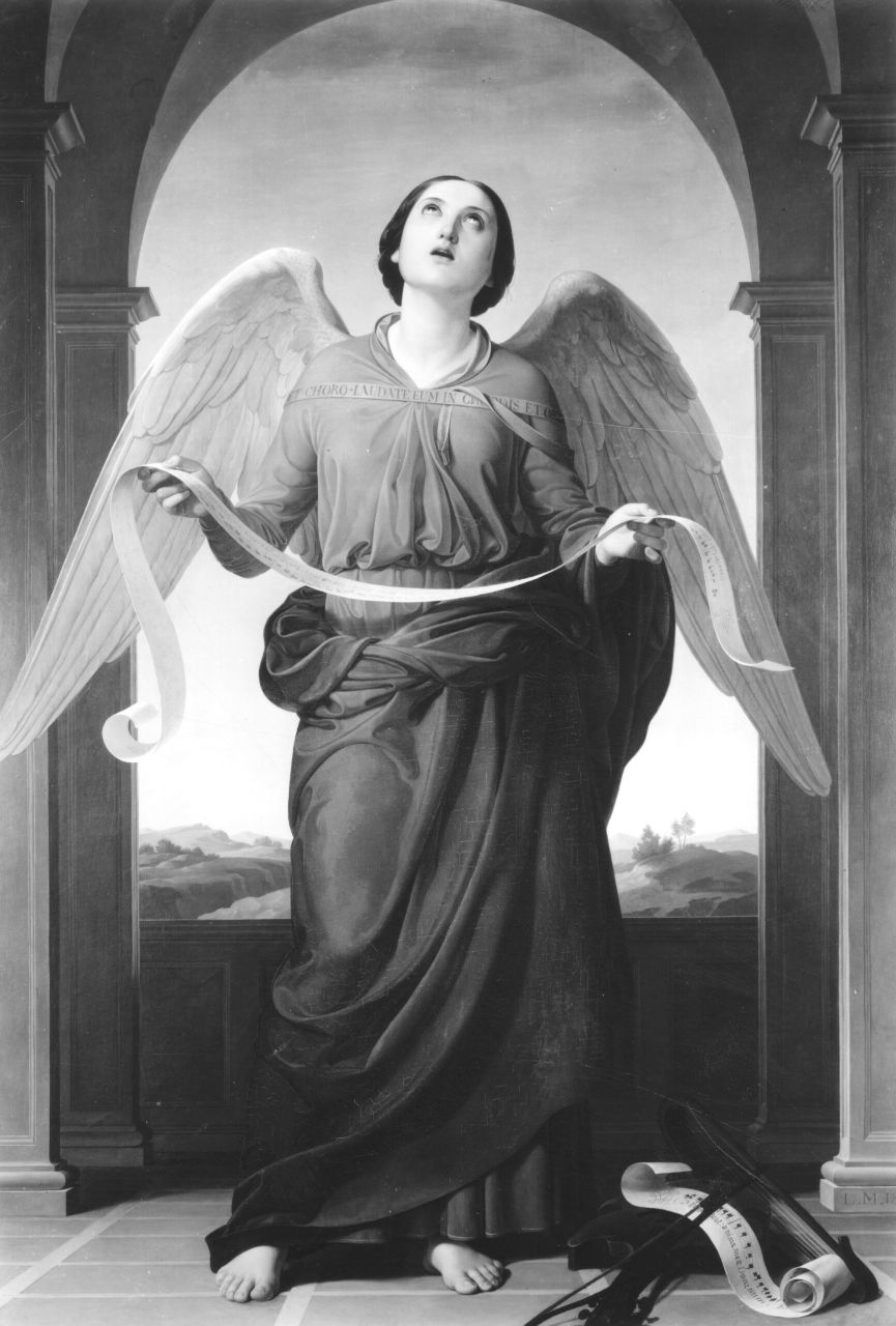 La Musica Sacra, angelo reggicartiglio (dipinto) di Mussini Luigi (sec. XIX)