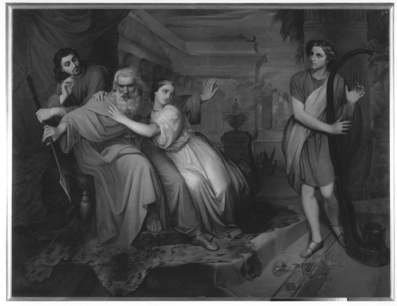 David che colma i furori di Saul con l'arpa, David suona l'arpa davanti a Saul (dipinto) di Lega Silvestro (sec. XIX)