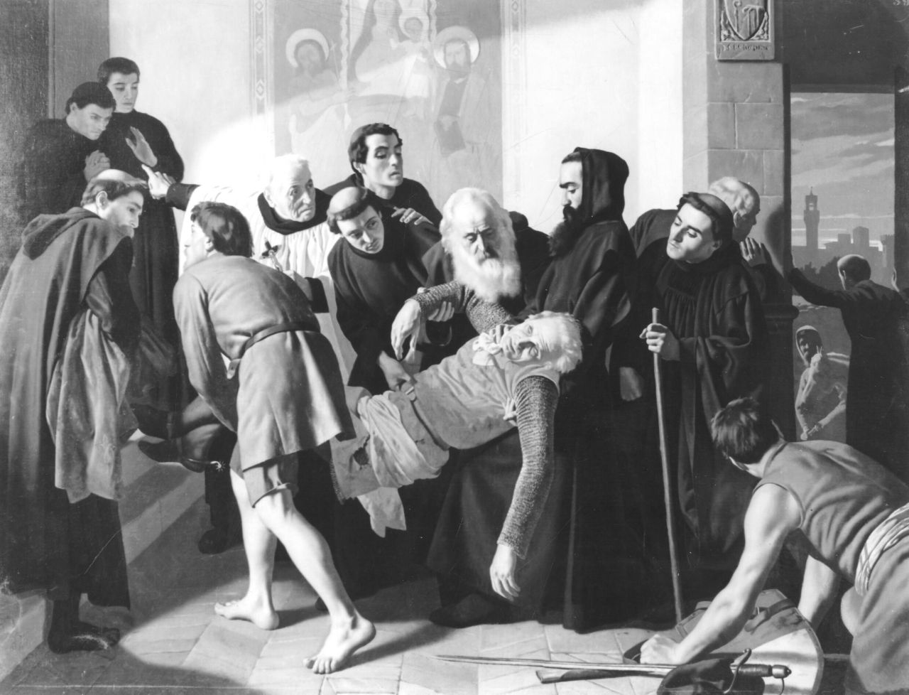 Corso Donati ferito dai Catalani a S. Salvi presso Firenze e trasportato dai monaci di quel convento alla Badia dove muore, da essi assistito, Corso Donati ferito e sorretto dai frati vallombrosani (dipinto) di Sorbi Raffaello (sec. XIX)