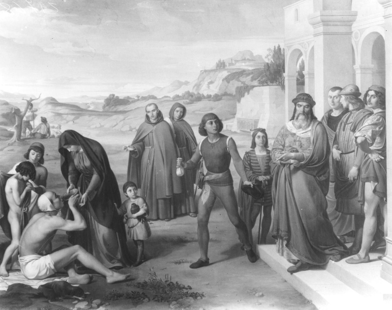 L'Elemosina secondo la carità evangelica e secondo la mondana ostentazione, parabola della vedova (dipinto) di Mussini Luigi (sec. XIX)