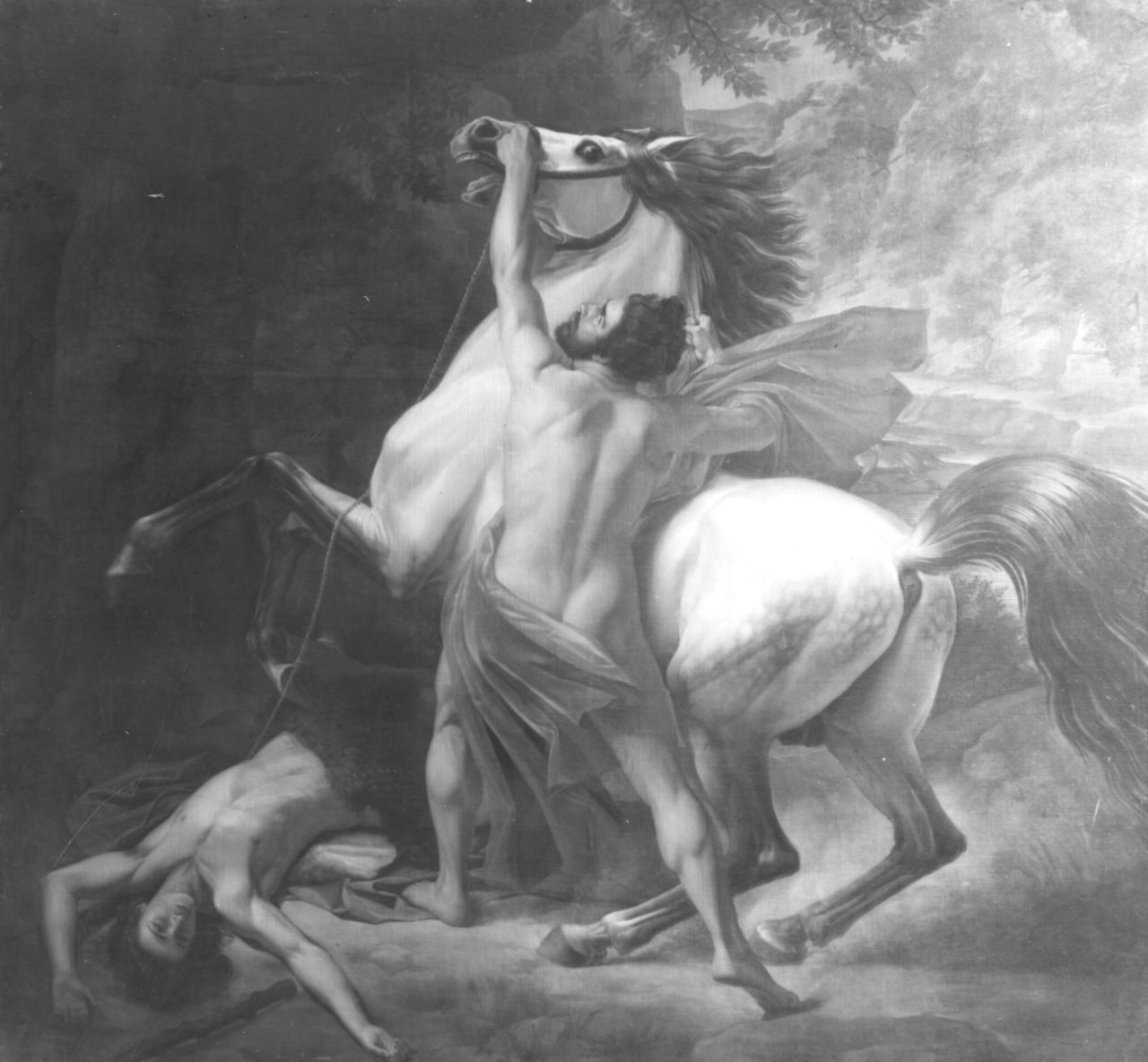 Orlando furioso che si impadronisce del cavallo di un pastore, Orlando furioso trattiene un cavallo (dipinto) di Servolini Benedetto (sec. XIX)