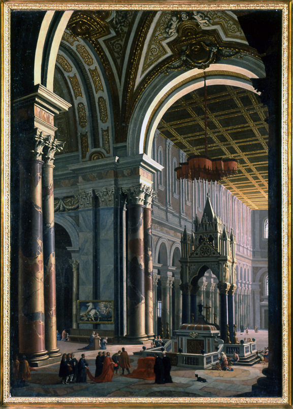 interno della basilica di San Paolo a Roma (dipinto, opera isolata) di Garoli Pietro Francesco (ultimo quarto sec. XVII)