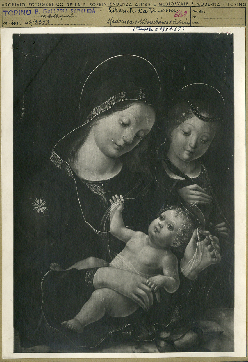 Madonna con Bambino e Santa Caterina (dipinto, opera isolata) di Bonfanti Liberale detto Liberale da Verona (ultimo quarto sec. XV)