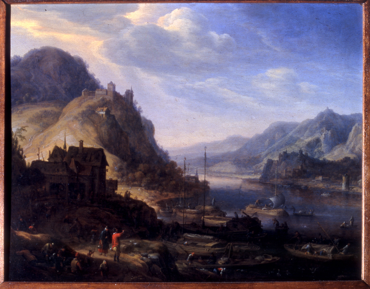 Paesaggio montuoso con villaggio e barche sul Reno (dipinto, opera isolata) di Saftleven Herman - ambito olandese (terzo quarto sec. XVII)