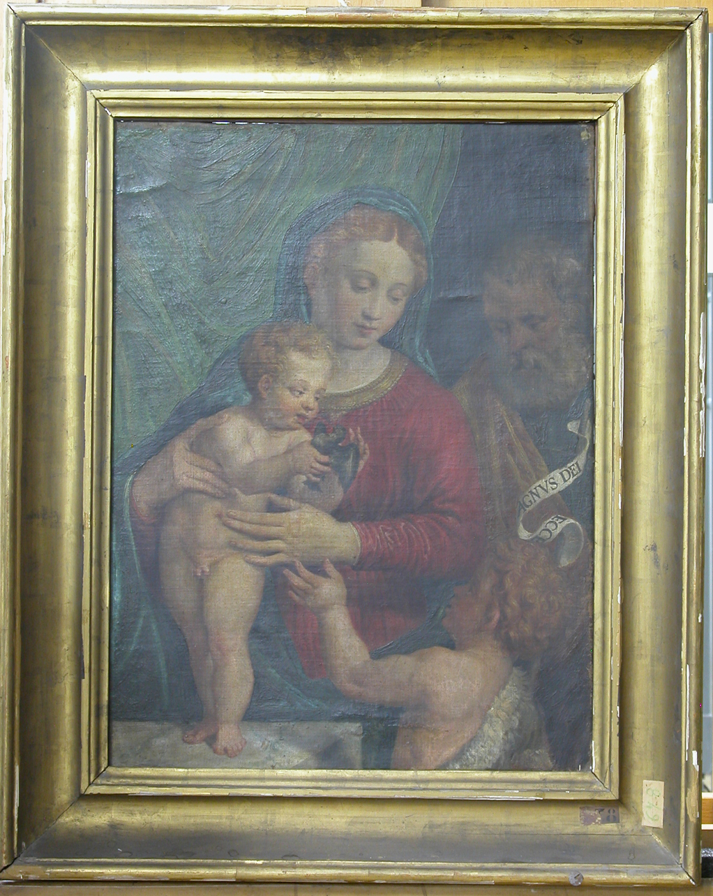 Sacra Famiglia con San Giovanni Battista bambino (dipinto, opera isolata) di Caliari Paolo detto Paolo Veronese (scuola) (secc. XVI/ XVII)