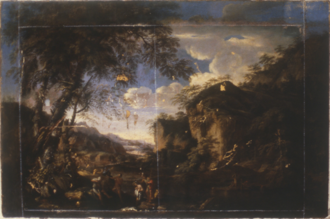 paesaggio con battesimo di Cristo (dipinto, opera isolata) di Rosa Salvator (bottega) (terzo quarto sec. XVII)