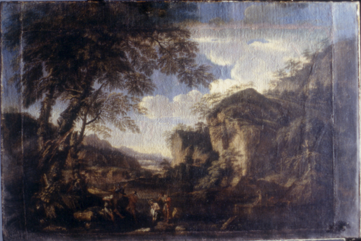 paesaggio con battesimo di Cristo (dipinto, opera isolata) di Rosa Salvator (bottega) (terzo quarto sec. XVII)