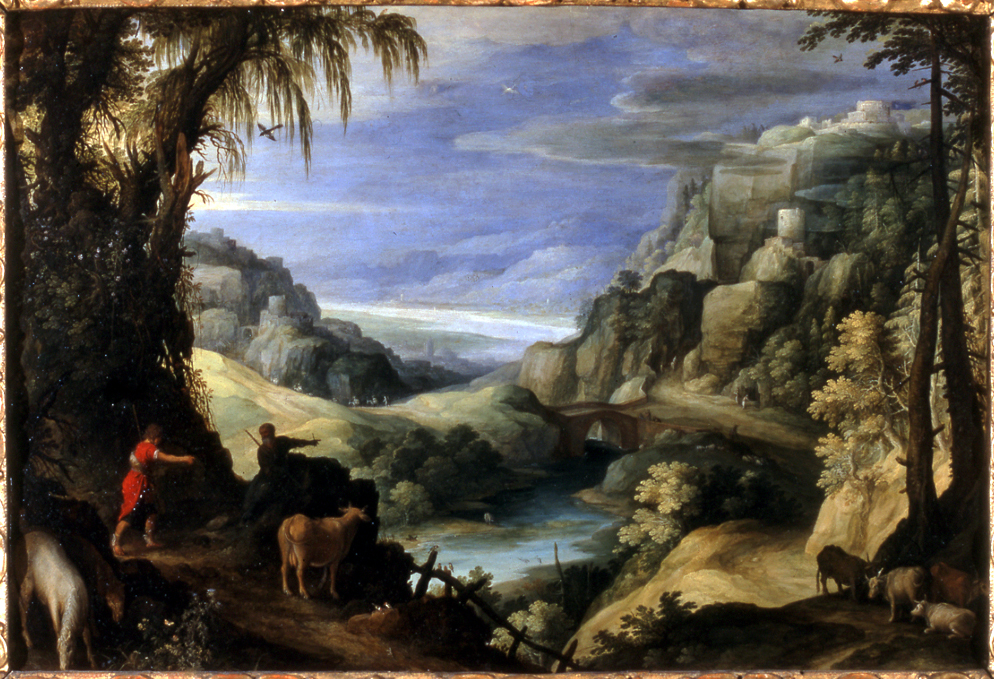 paesaggio con Mercurio e Batto (dipinto, opera isolata) di Brill Paul - ambito fiammingo (inizio sec. XVII)