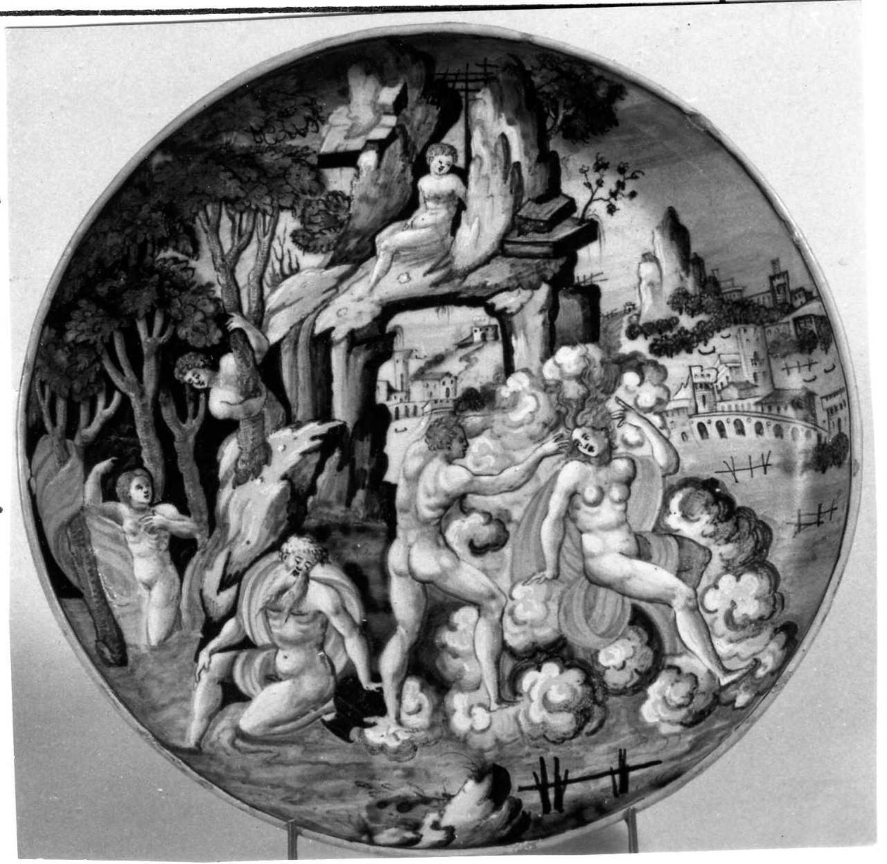 Alfeo e Aretusa (coppa) di Girolamo Lanfranco Delle Gabicce (bottega) - manifattura pesarese (metà sec. XVI)