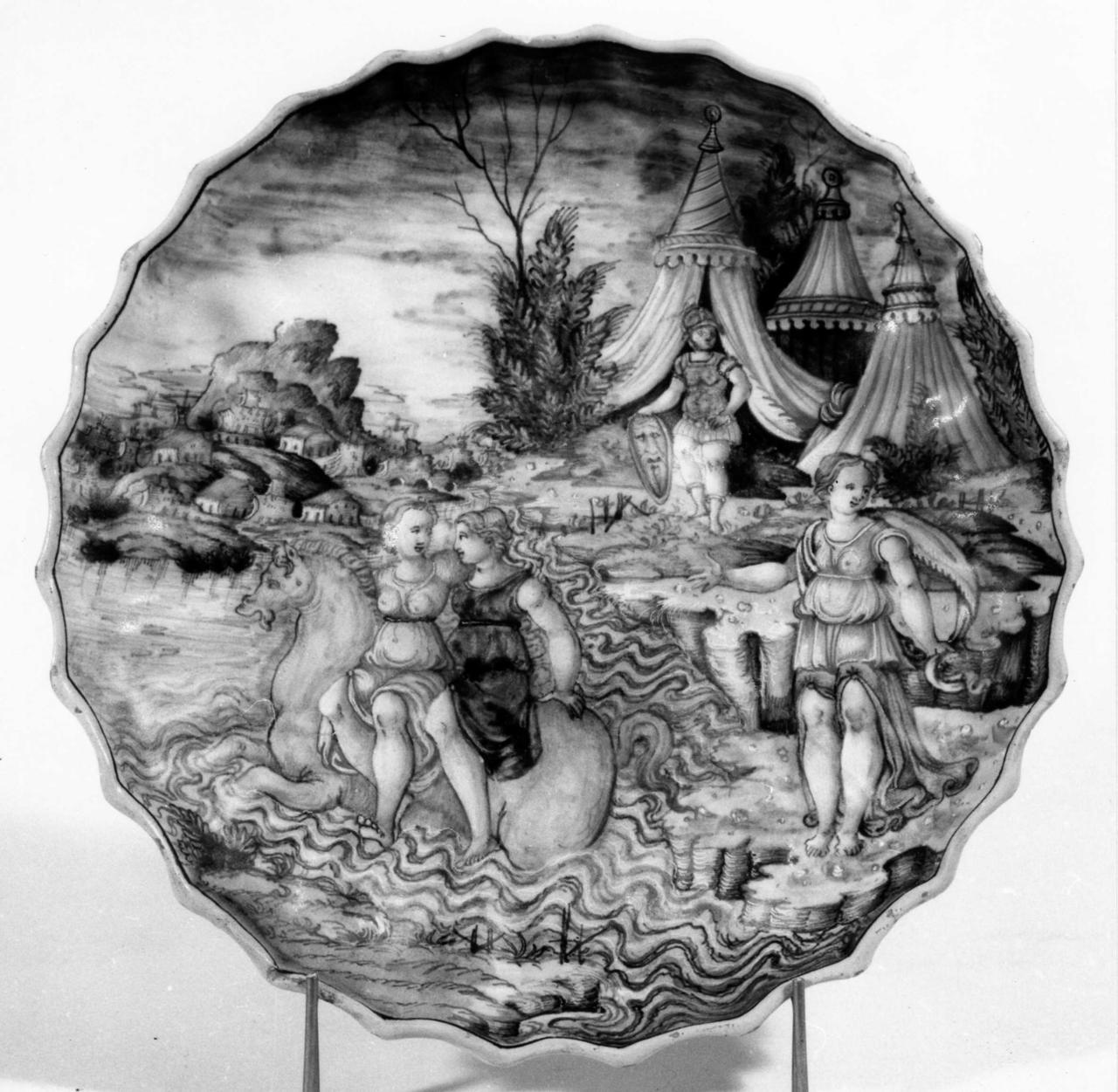 Clelia attraversa il Tevere (coppa - umbonata e baccellata ("crespina")) - manifattura urbinate (terzo quarto sec. XVI)