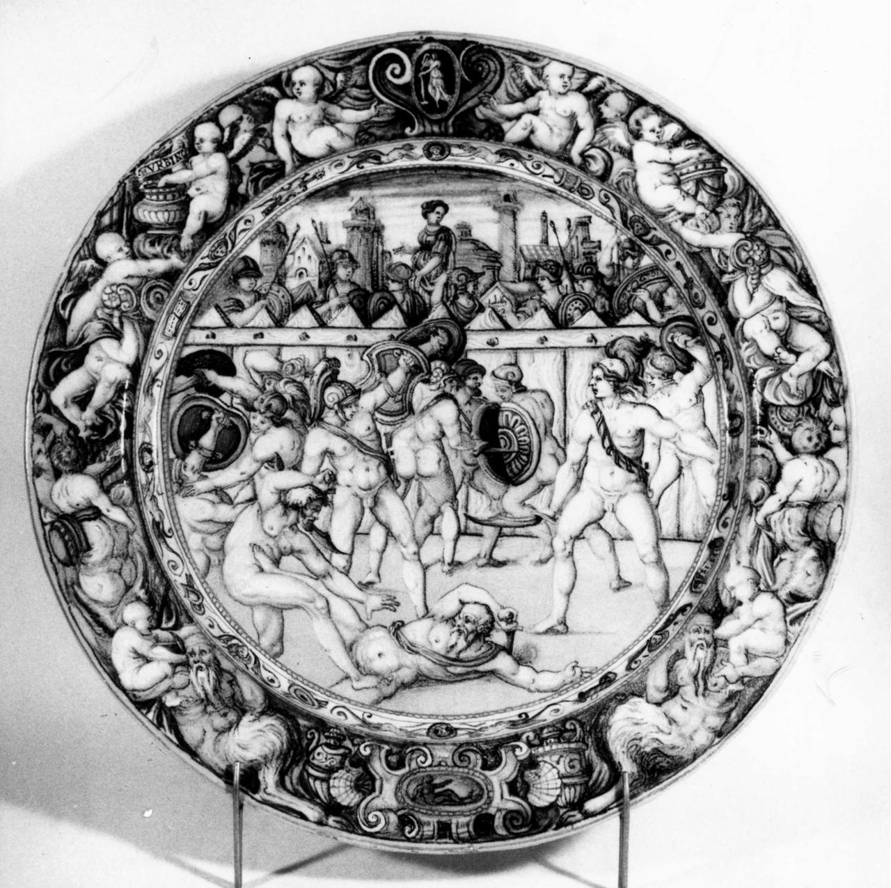 combattimento tra gladiatori (piatto) di Fontana Orazio (bottega) - manifattura urbinate (metà sec. XVI)