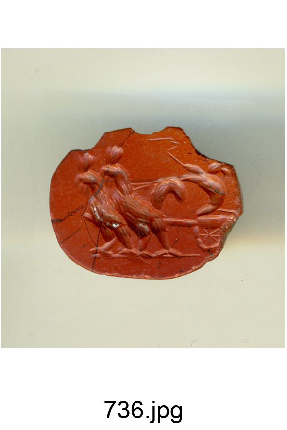biga guidata da un topo e trainata da due galli (gemma) - produzione romana (secc. II/ III)