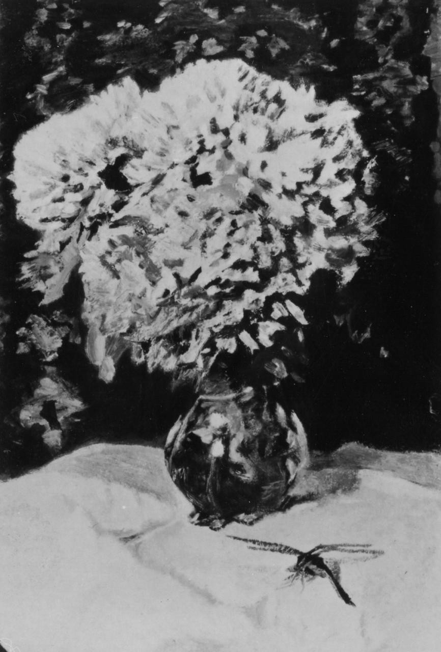 Fiori in vaso e libellula, natura morta (dipinto) di Puccini Mario (sec. XX)