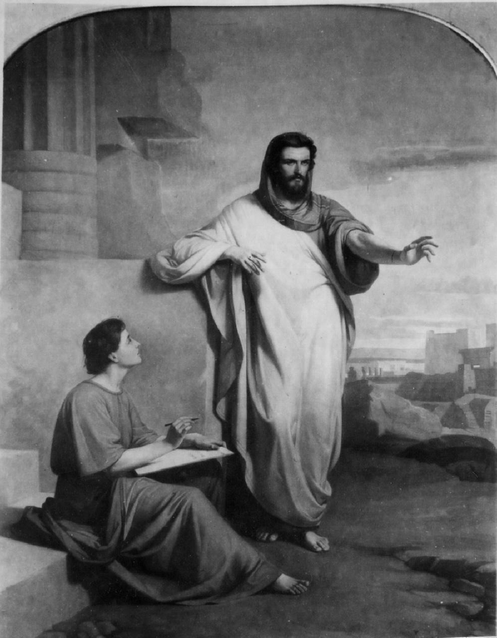 Geremia sulle rovine di Gerusalemme detta le sue profezie, Geremia detta le sue profezie a Baruc (dipinto) di Costa Giovanni (sec. XIX)
