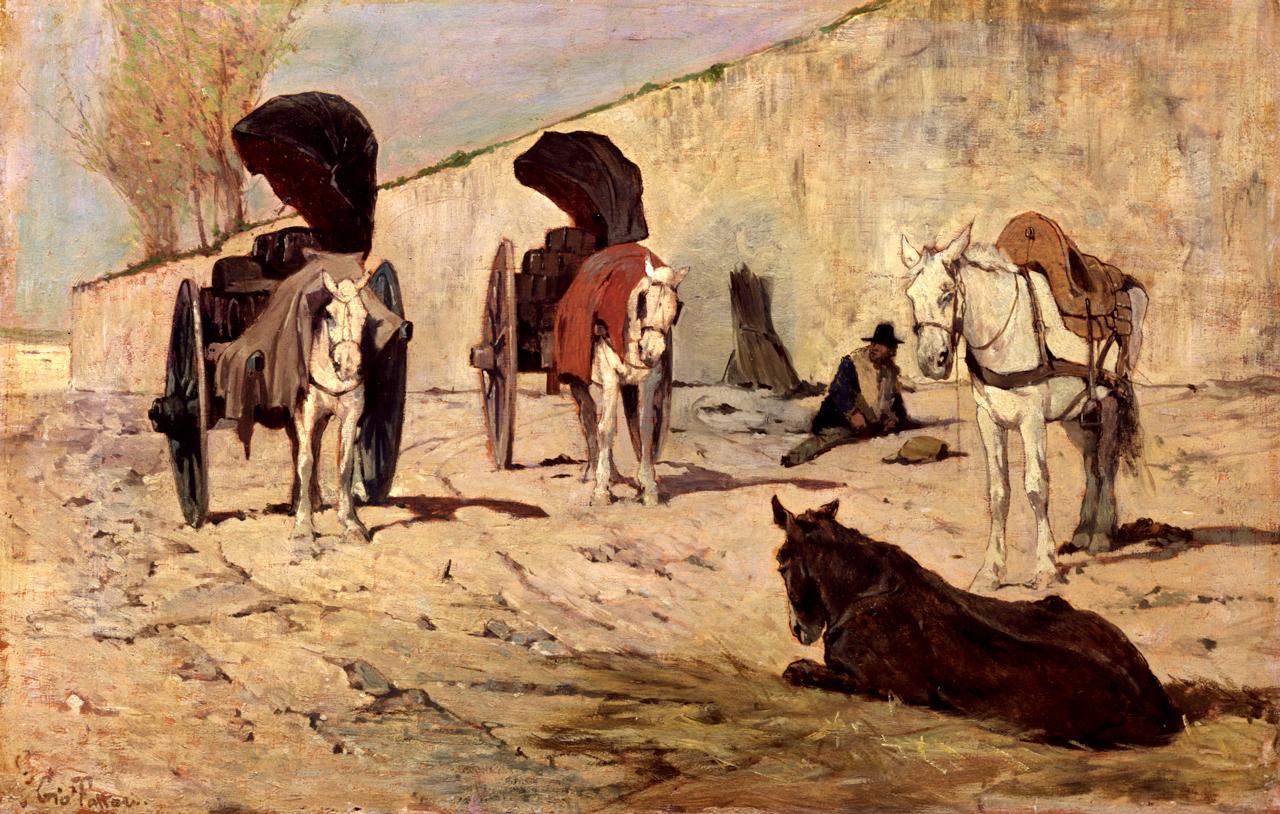 Barrocci romani / Riposo, scena di vita cittadina (dipinto) di Fattori Giovanni (sec. XIX)