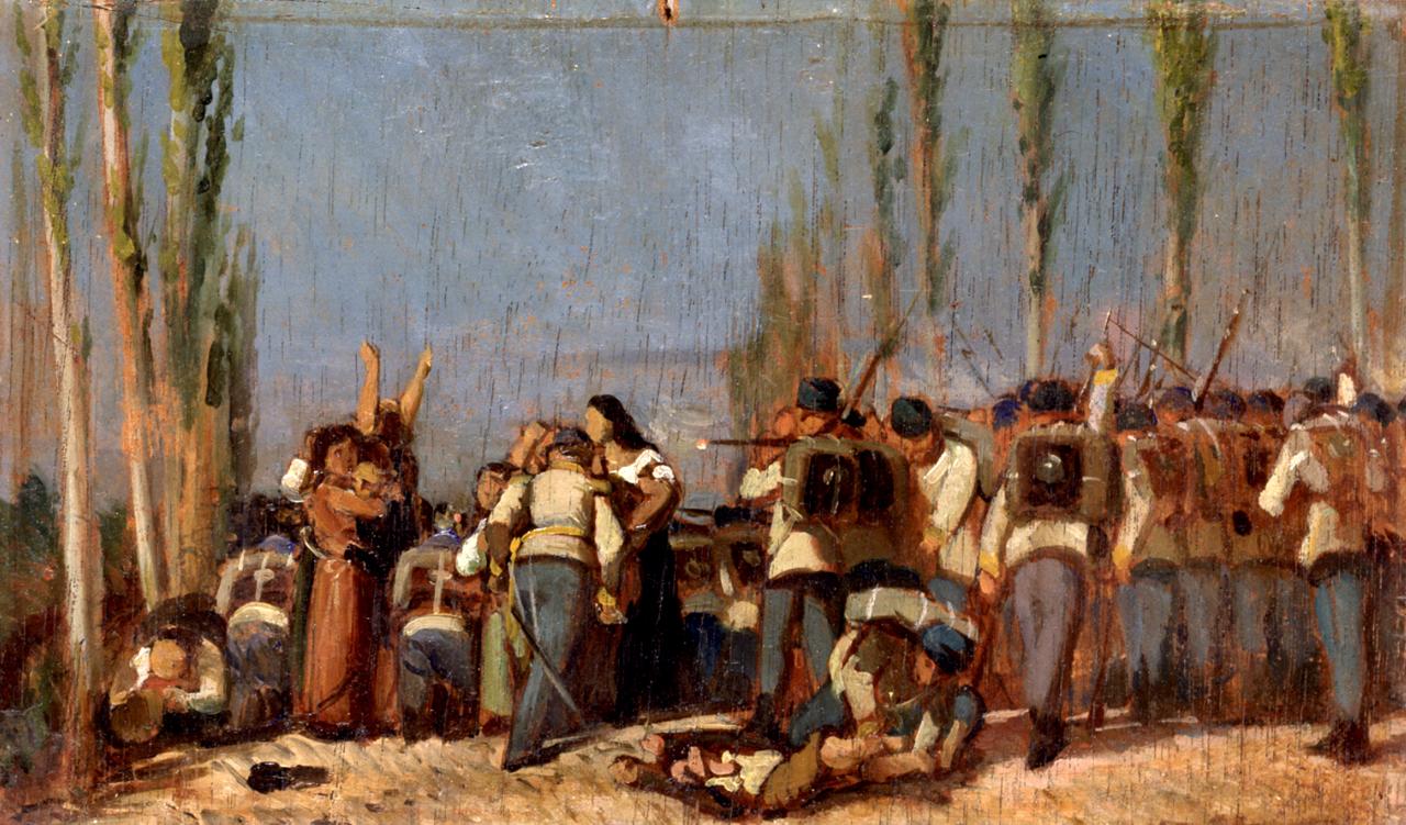 Eccidi di Mantova, scena di battaglia (dipinto) di Fattori Giovanni (sec. XIX)