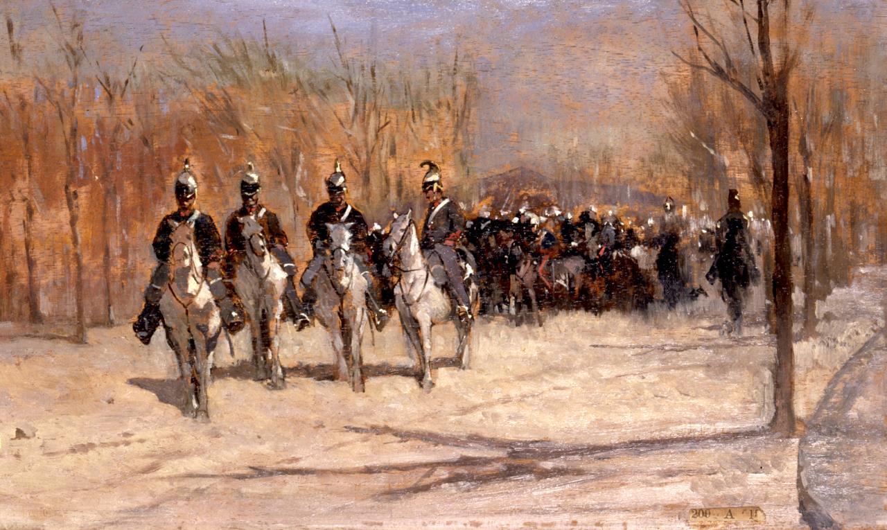 Plotone di cavalleria, scena di vita militare (dipinto) di Fattori Giovanni (sec. XIX)