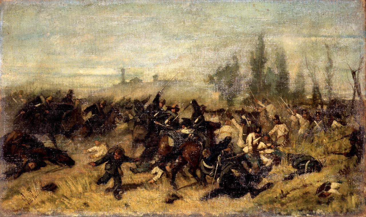Battaglia di Montebello, scena di battaglia (dipinto) di Fattori Giovanni (sec. XIX)
