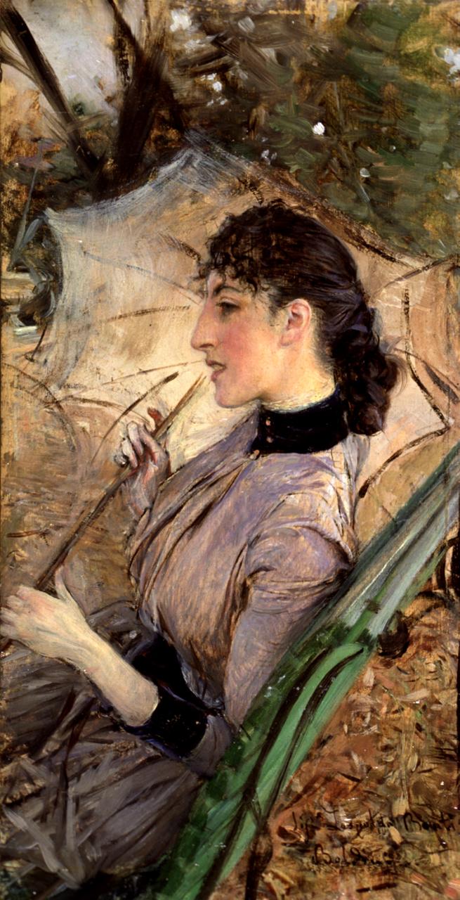 Ritratto di Alaide Banti con ombrellino, ritratto di giovane donna (dipinto) di Boldini Giovanni (sec. XIX)