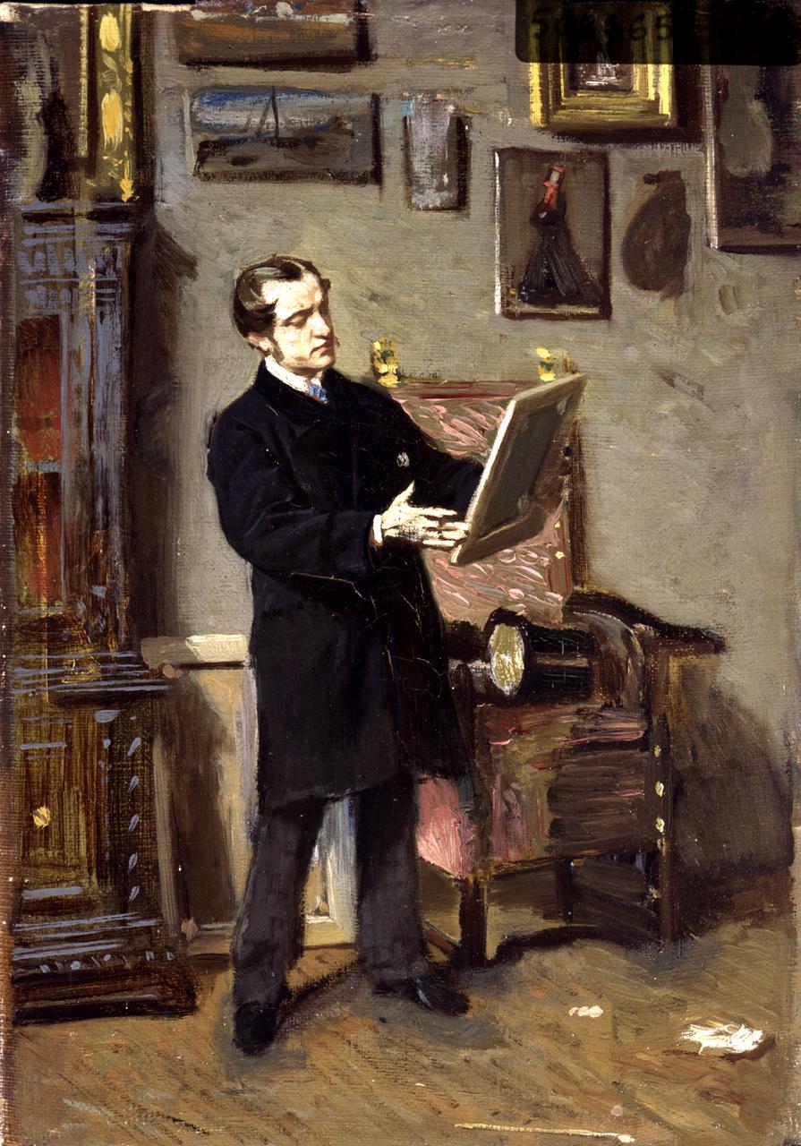 Ritratto di amatore delle arti, interno con figura maschile (dipinto) di Boldini Giovanni (sec. XIX)