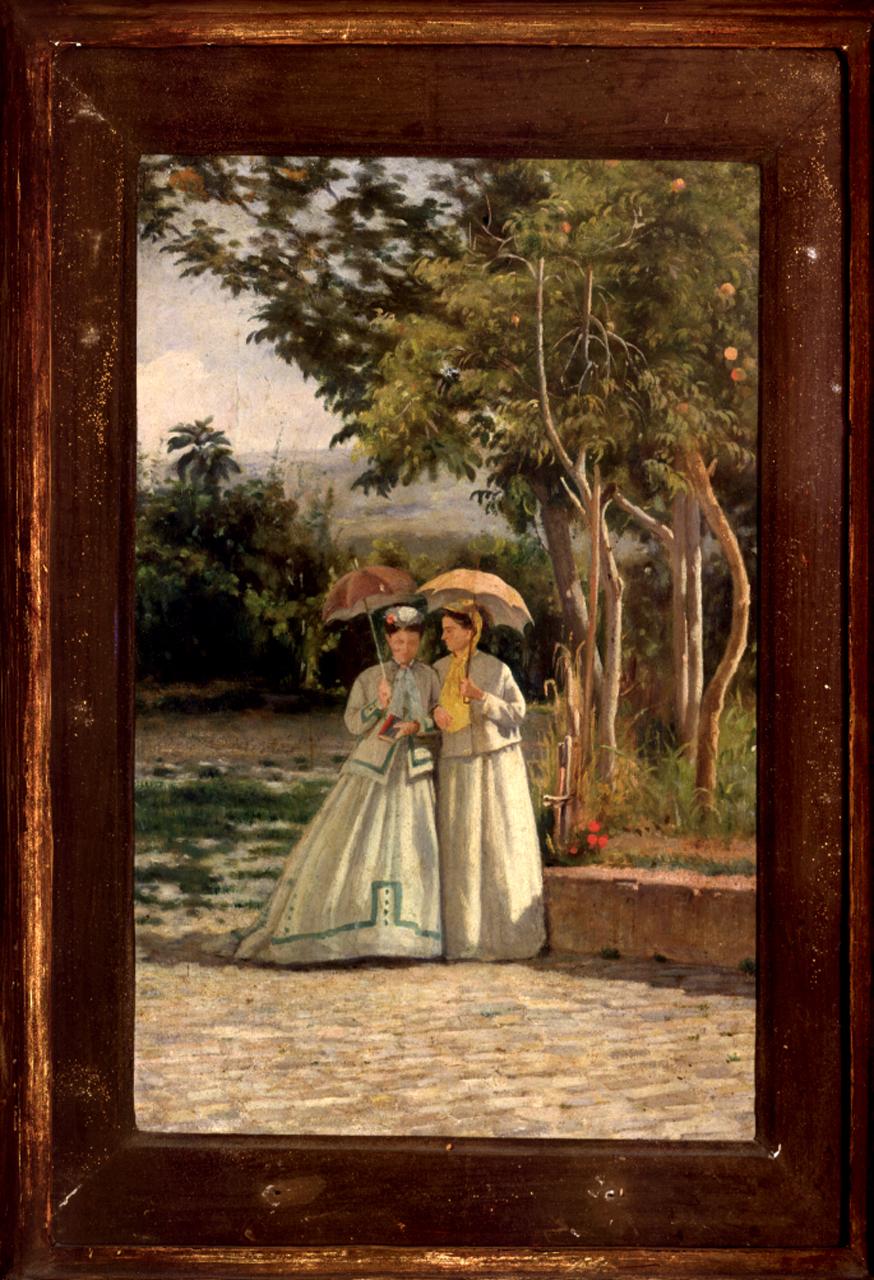 La passeggiata in giardino, figure femminili (dipinto) di Lega Silvestro (sec. XIX)