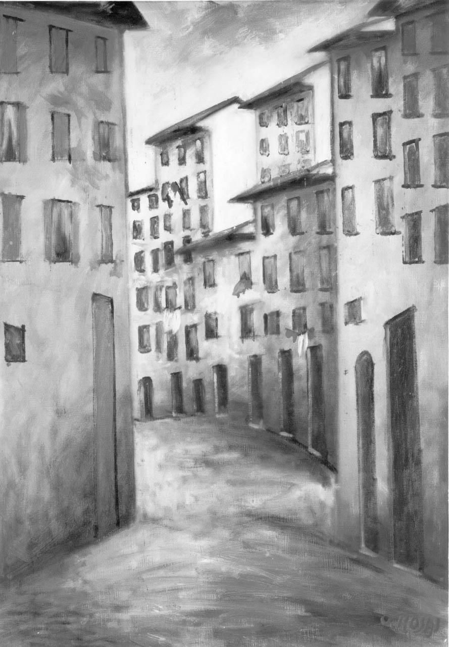 Il trionfo della strada, veduta di città (dipinto) di Rosai Ottone (sec. XX)