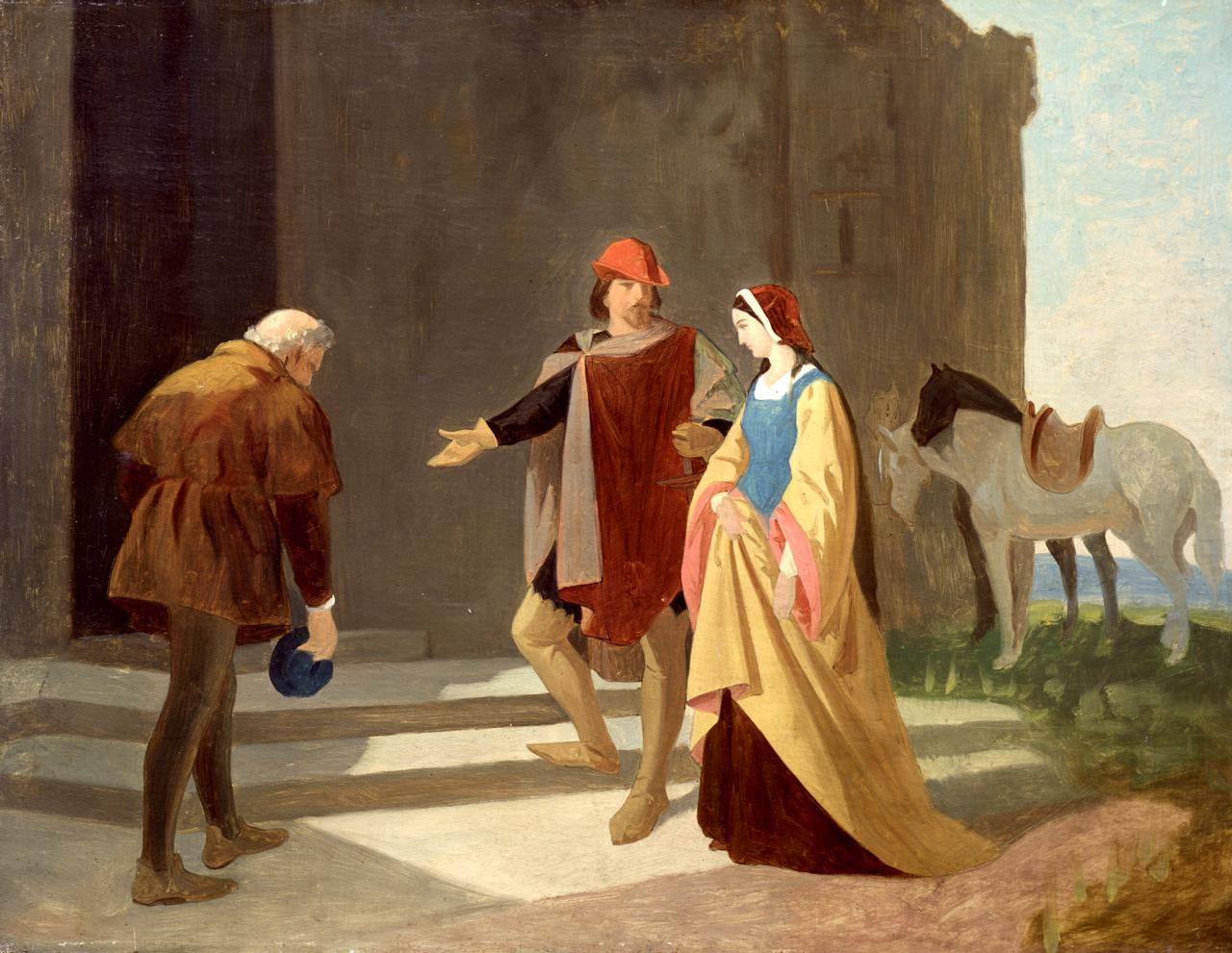 Pia De' Tolomei condotta al castello di Maremma (dipinto) di Cabianca Vincenzo (attribuito) (sec. XIX)