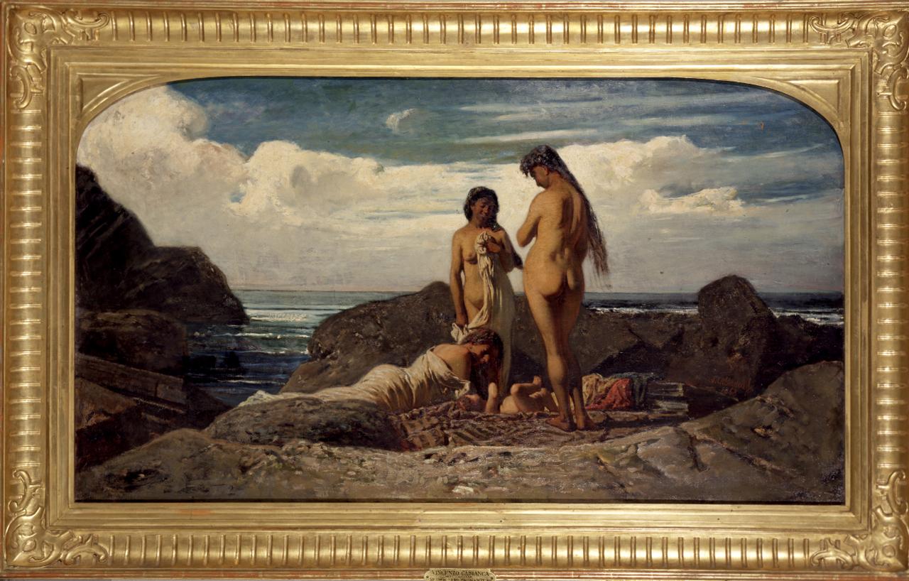 Il bagno fra gli scogli / Bagnanti, bagnanti (dipinto) di Cabianca Vincenzo (sec. XIX)