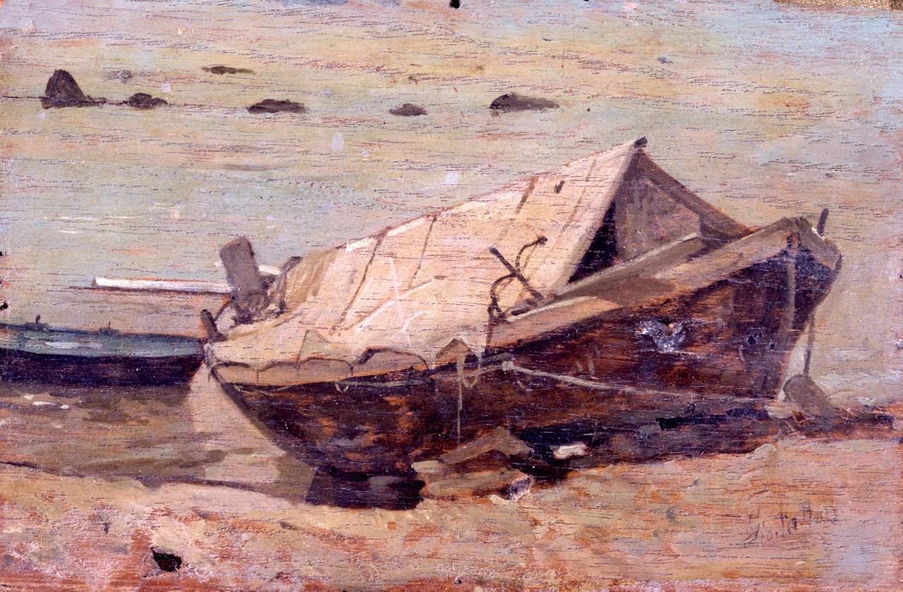 Barca sulla spiaggia, marina con barca (dipinto) di Fattori Giovanni (sec. XIX)