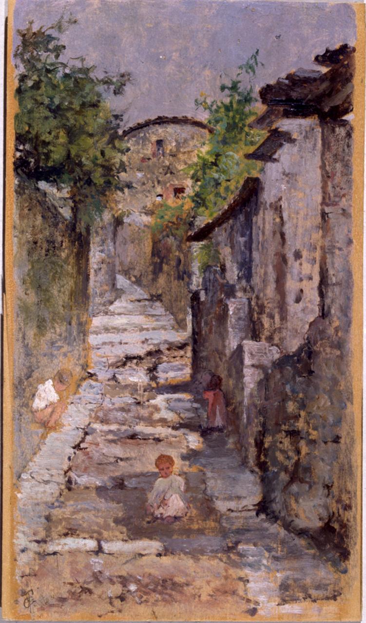 Strada di paese, veduta di strada (dipinto) di Fattori Giovanni (sec. XX)