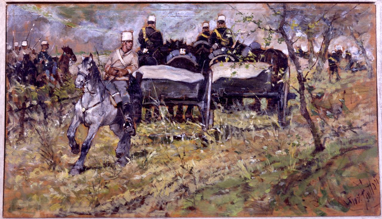 Manovre d'artiglieria, scena di vita militare (dipinto) di Fattori Giovanni (sec. XIX)