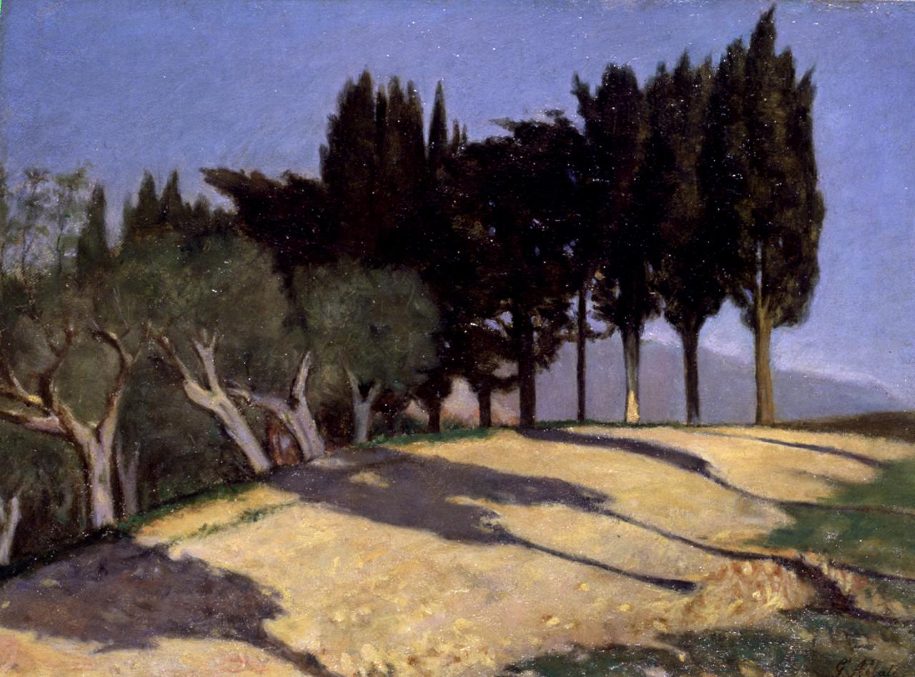 Via di campagna con cipressi, paesaggio con alberi (dipinto) di Abbati Giuseppe (sec. XIX)