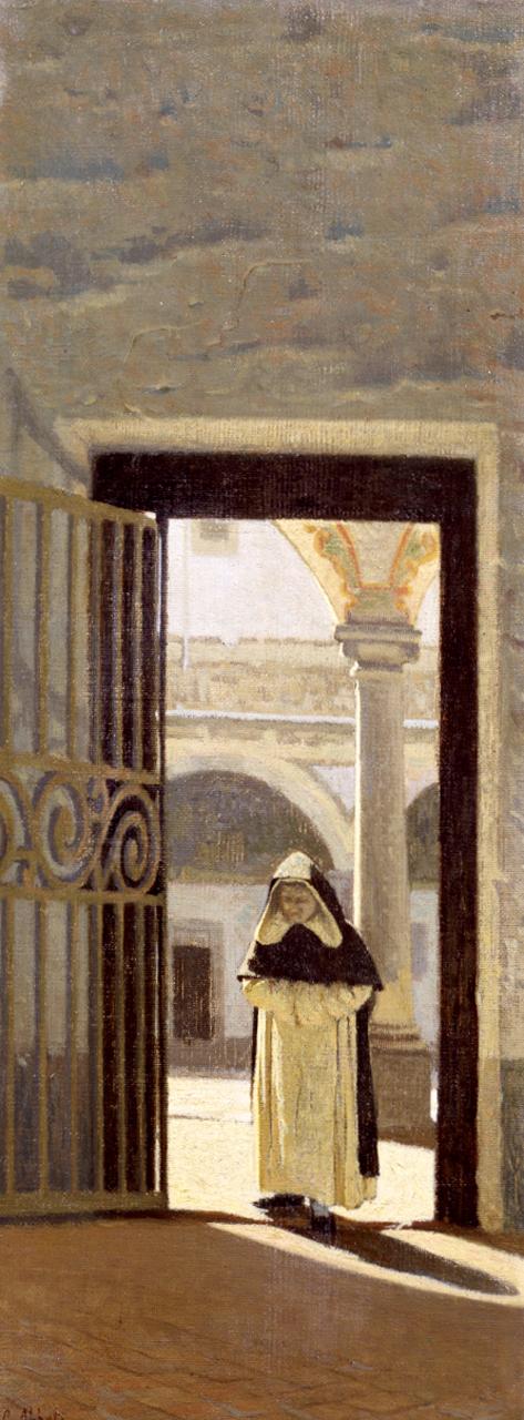 Nel chiostro / Monaco, interno di edificio religioso con monaco (dipinto) di Abbati Giuseppe (sec. XIX)