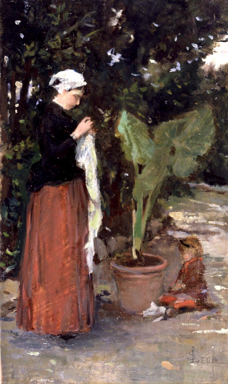 Signora che cuce, figura femminile con bambina (dipinto) di Lega Silvestro (sec. XIX)