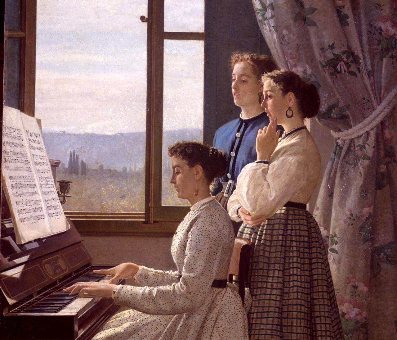 Il canto di uno stornello, scena di vita domestica (dipinto) di Lega Silvestro (sec. XIX)