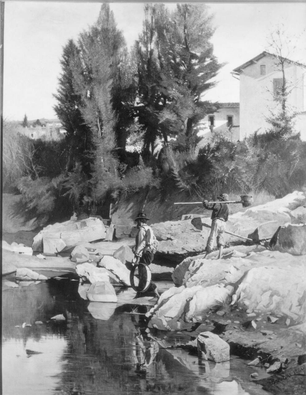Renaioli sul Mugnone, paesaggio fluviale (dipinto) di Borrani Odoardo (sec. XIX)