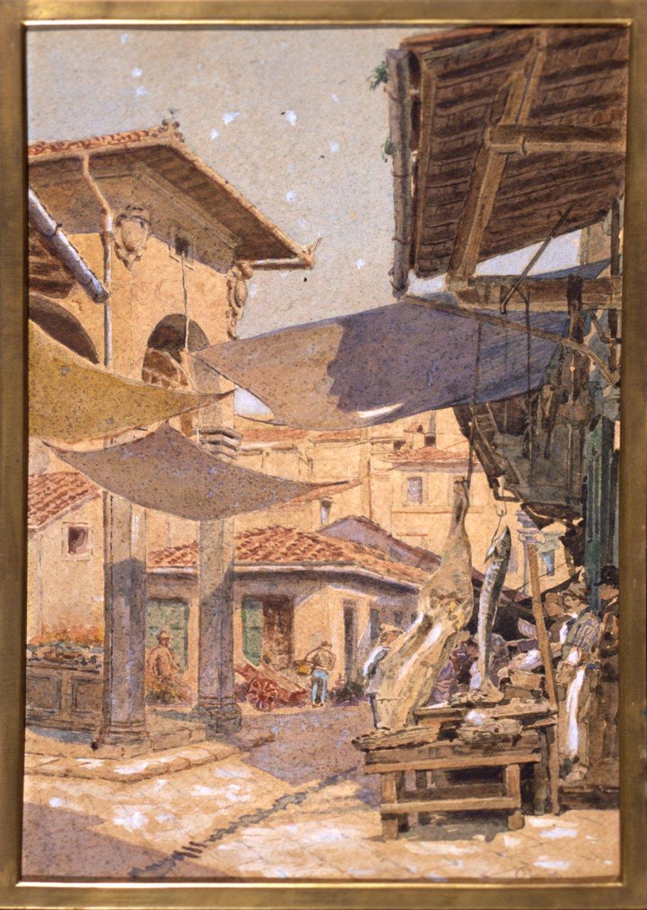 Il Mercato Vecchio di Firenze (dipinto) di Borrani Odoardo (attribuito) (ultimo quarto sec. XIX)