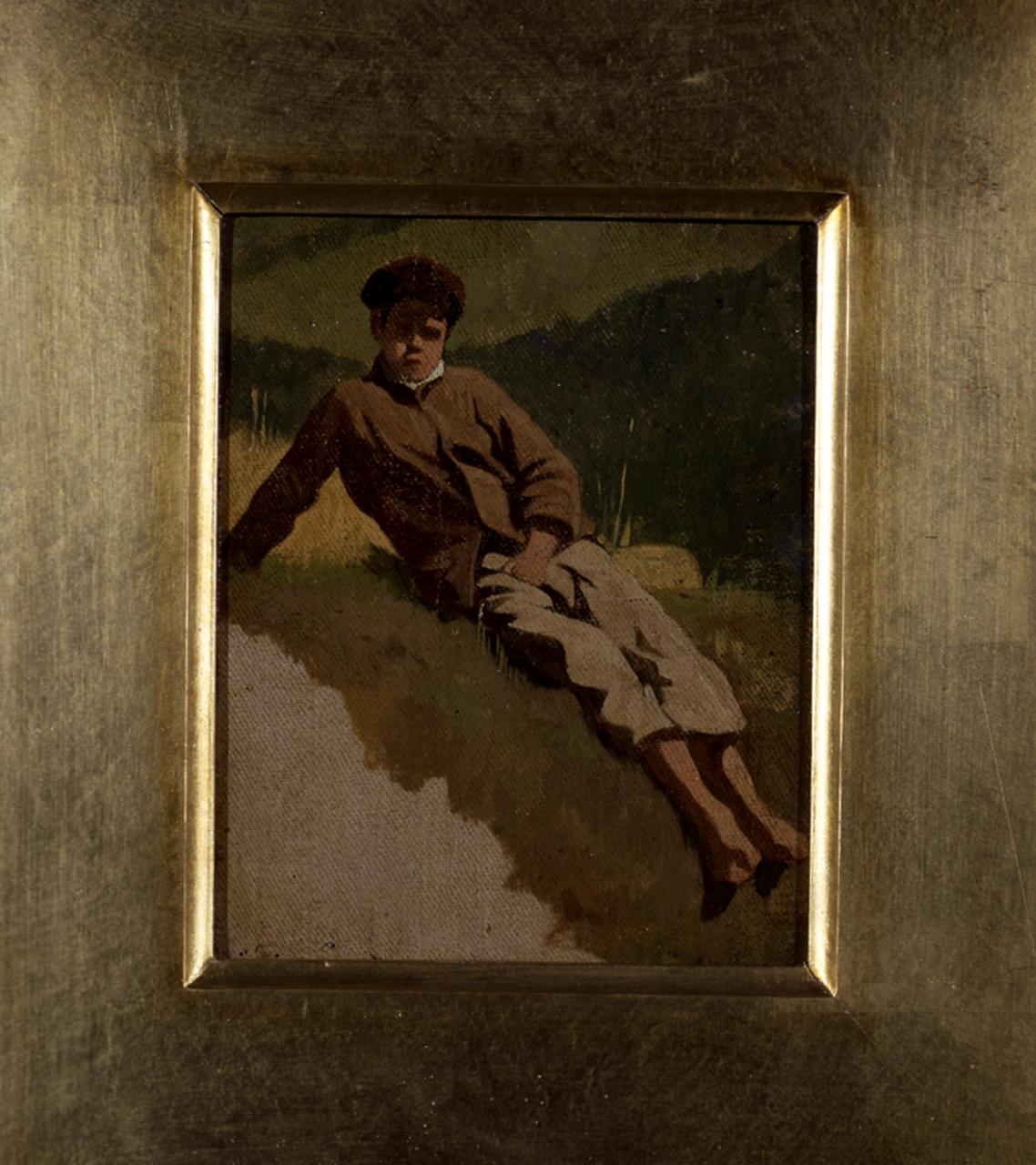 Ragazzo, figura maschile seduta in un prato (dipinto) di Borrani Odoardo (attribuito) (sec. XIX)