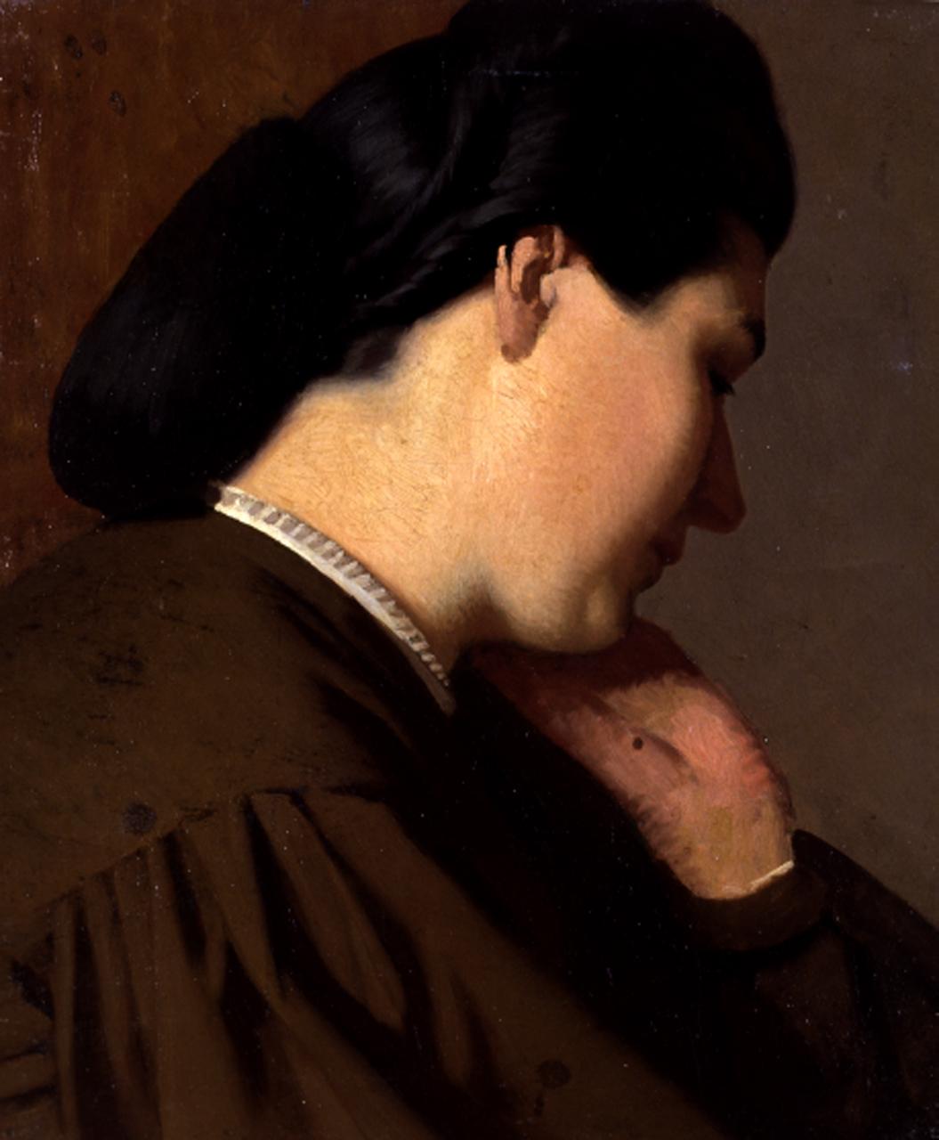 Testa di donna, ritratto di donna di profilo (dipinto) di D'Ancona Vito (sec. XIX)